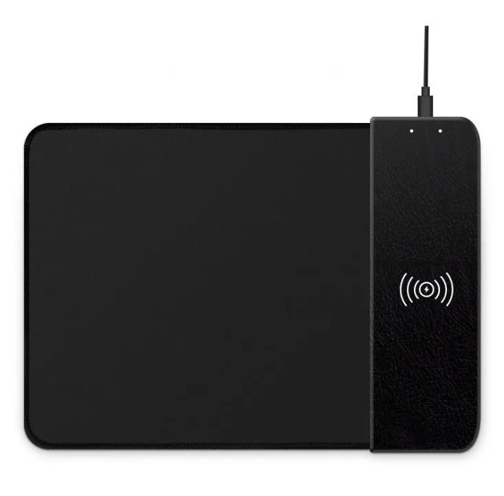 Wireless charging mouse pad with cartoon design and RGB lighting, showing cloth surface and rubber base