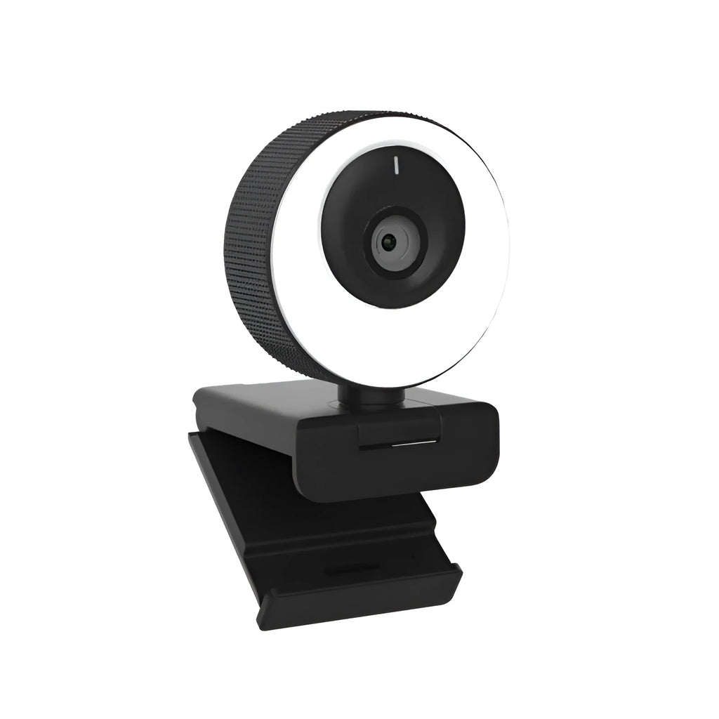 Black USB web camera with privacy cover on desktop with 1.7m cable