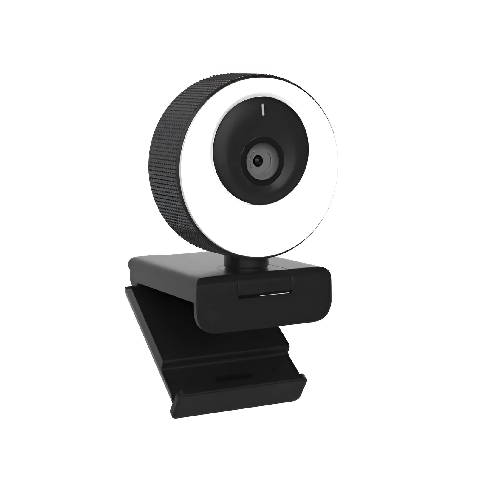 Black USB web camera with privacy cover on desktop with 1.7m cable