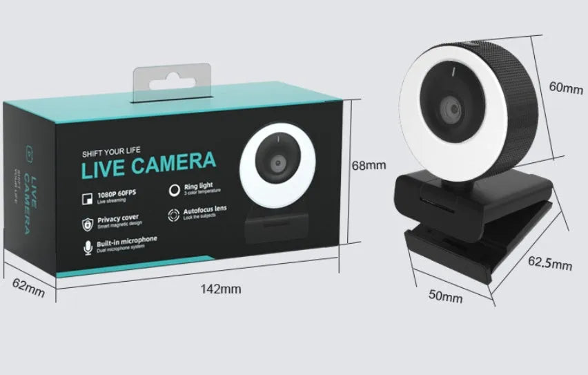 Black USB web camera with privacy cover on desktop with 1.7m cable
