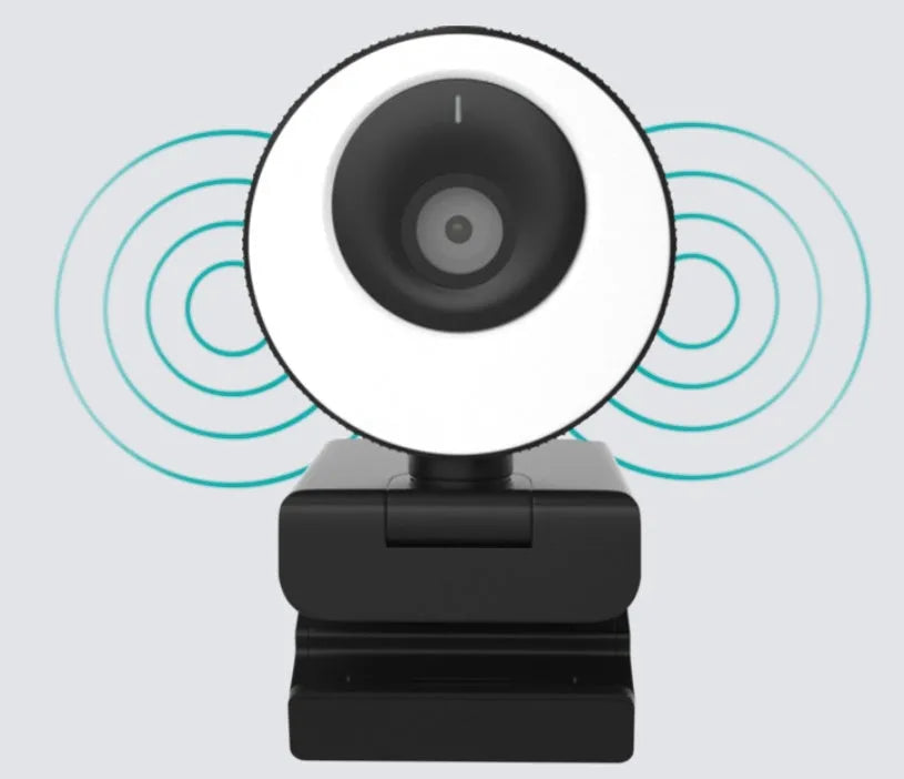 Black USB web camera with privacy cover on desktop with 1.7m cable
