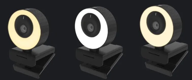 Black USB web camera with privacy cover on desktop with 1.7m cable