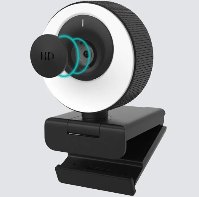 Black USB web camera with privacy cover on desktop with 1.7m cable
