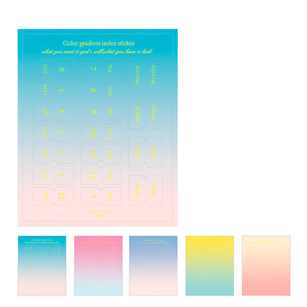 Yunmu Groceries Symphony Gradient Morandi label sticker pack showing 10 sheets with 88x110mm bookmark size
