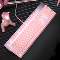 Pink mechanical keyboard and wired gaming mouse set with USB cables for PC gaming