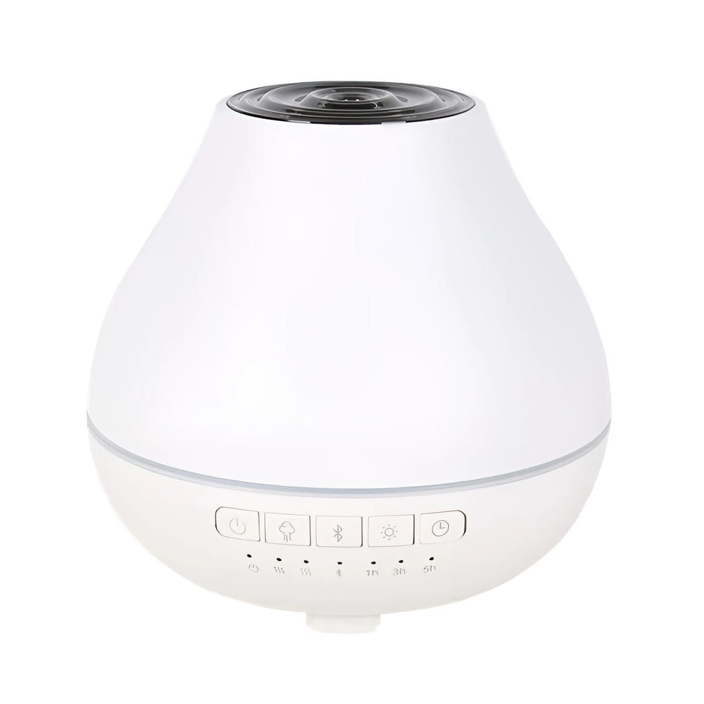 White round Bluetooth aromatherapy humidifier diffuser with LED night light on a wooden surface