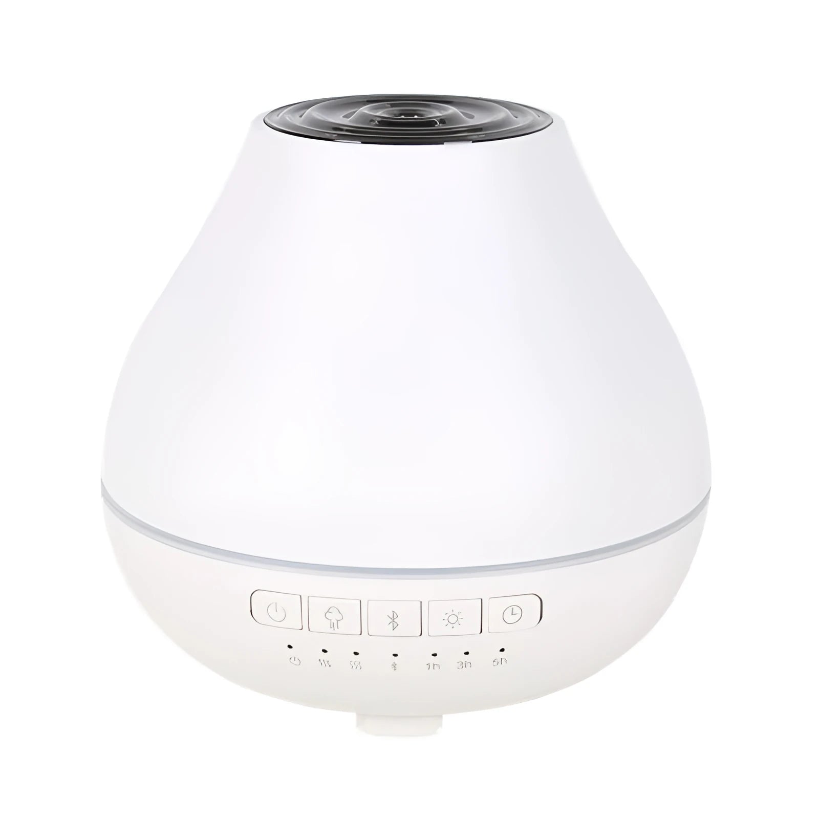 White round Bluetooth aromatherapy humidifier diffuser with LED night light on a wooden surface