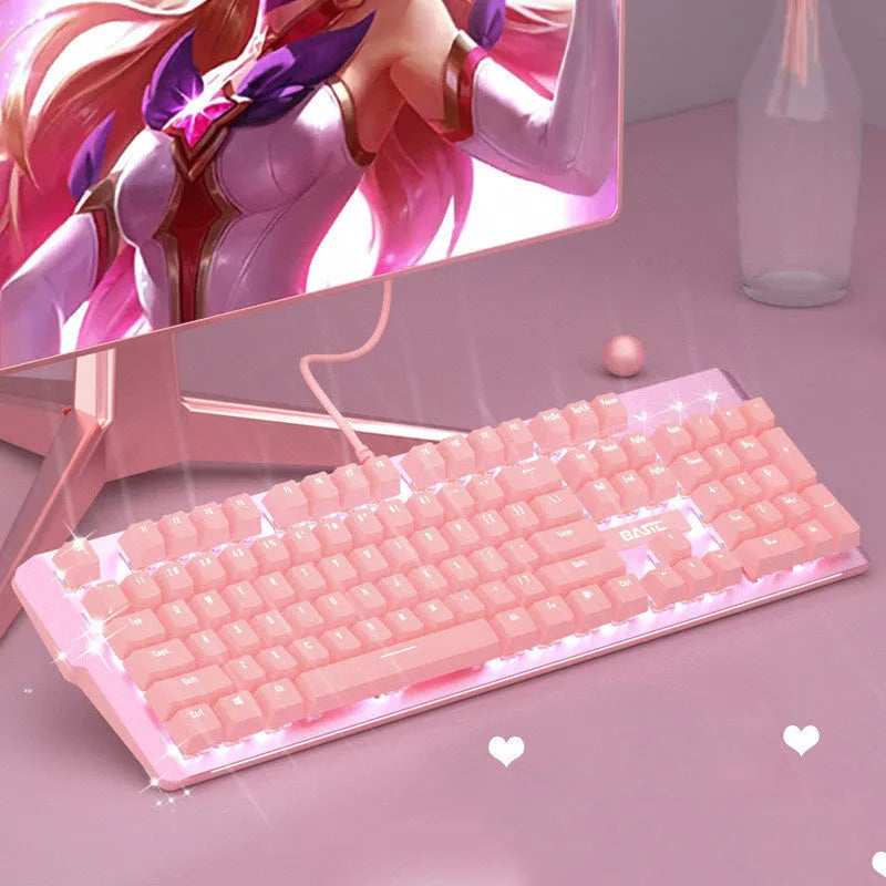 Pink mechanical keyboard and wired gaming mouse set with USB cables for PC gaming