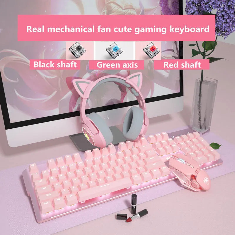 Pink mechanical keyboard and wired gaming mouse set with USB cables for PC gaming