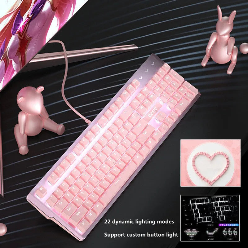 Pink mechanical keyboard and wired gaming mouse set with USB cables for PC gaming