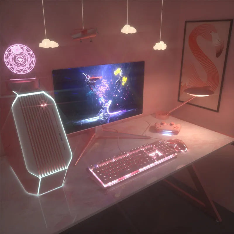 Pink mechanical keyboard and wired gaming mouse set with USB cables for PC gaming