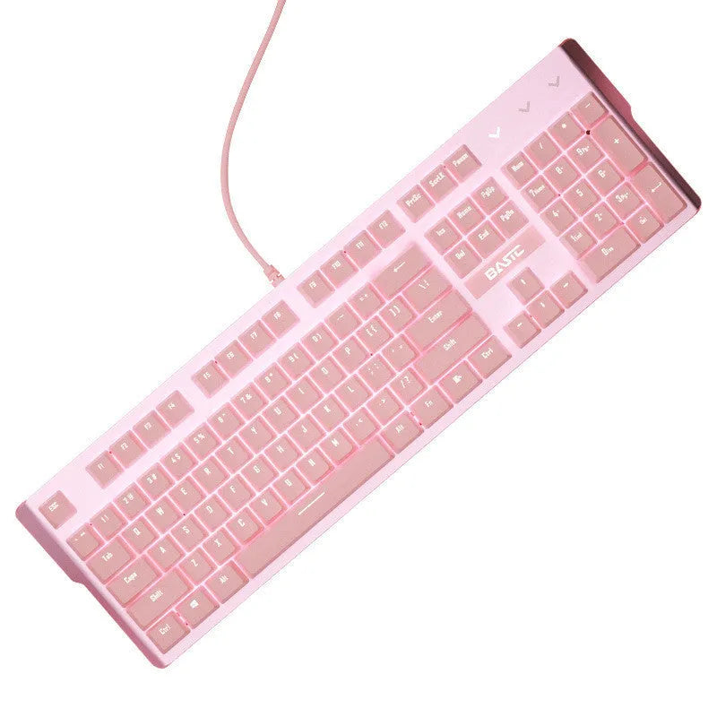 Pink mechanical keyboard and wired gaming mouse set with USB cables for PC gaming