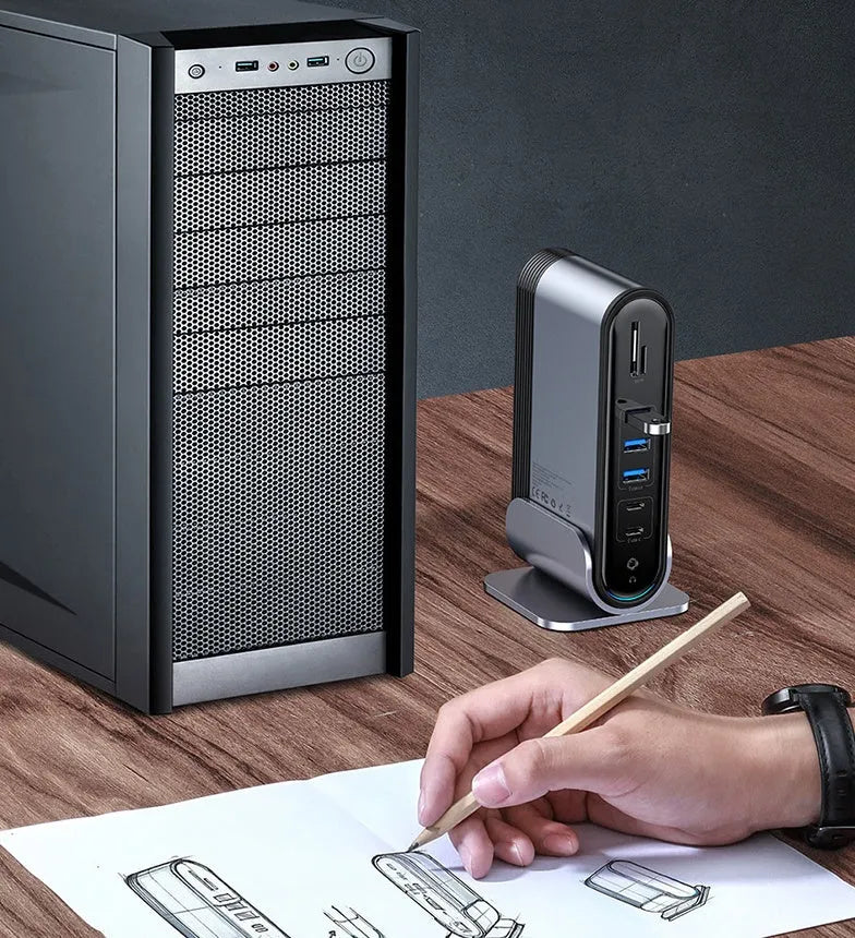 Deep Space Grey 16-in-1 Type-C workstation docking station hub with multiple ports and power supply.