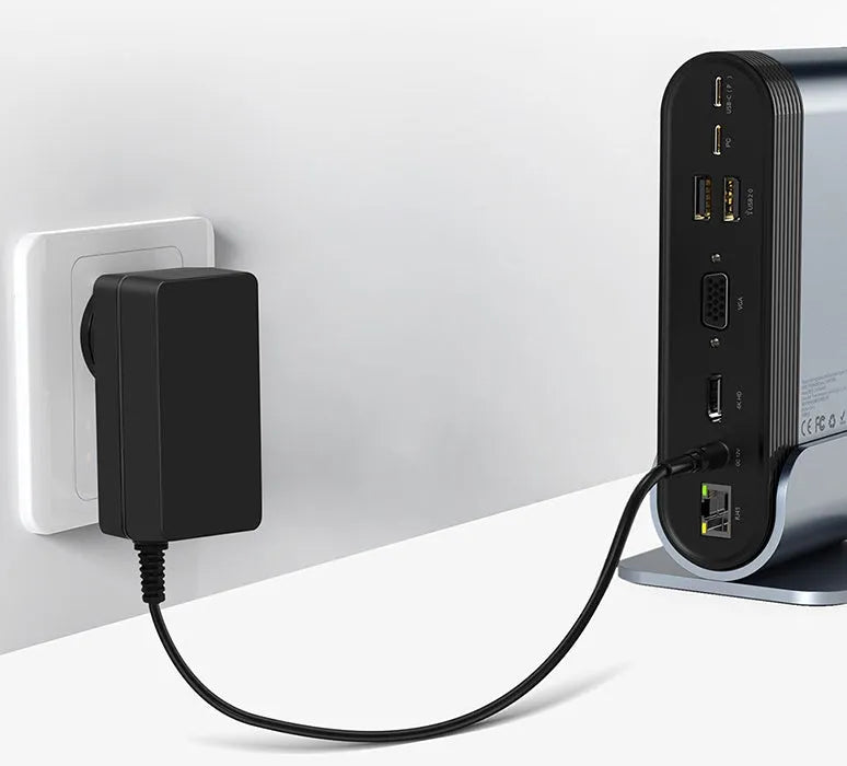Deep Space Grey 16-in-1 Type-C workstation docking station hub with multiple ports and power supply.