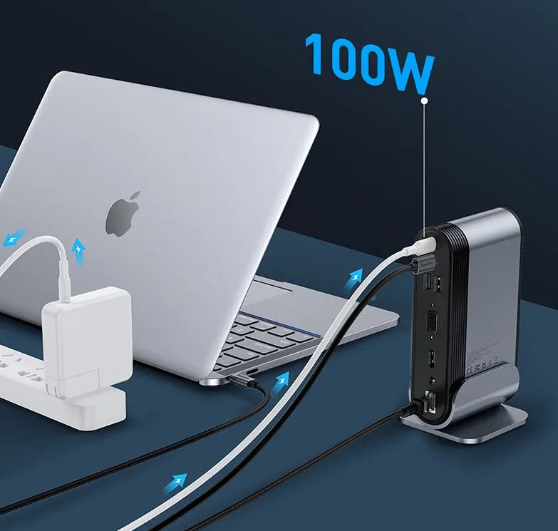 Deep Space Grey 16-in-1 Type-C workstation docking station hub with multiple ports and power supply.
