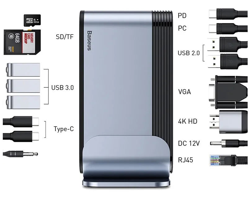 Deep Space Grey 16-in-1 Type-C workstation docking station hub with multiple ports and power supply.