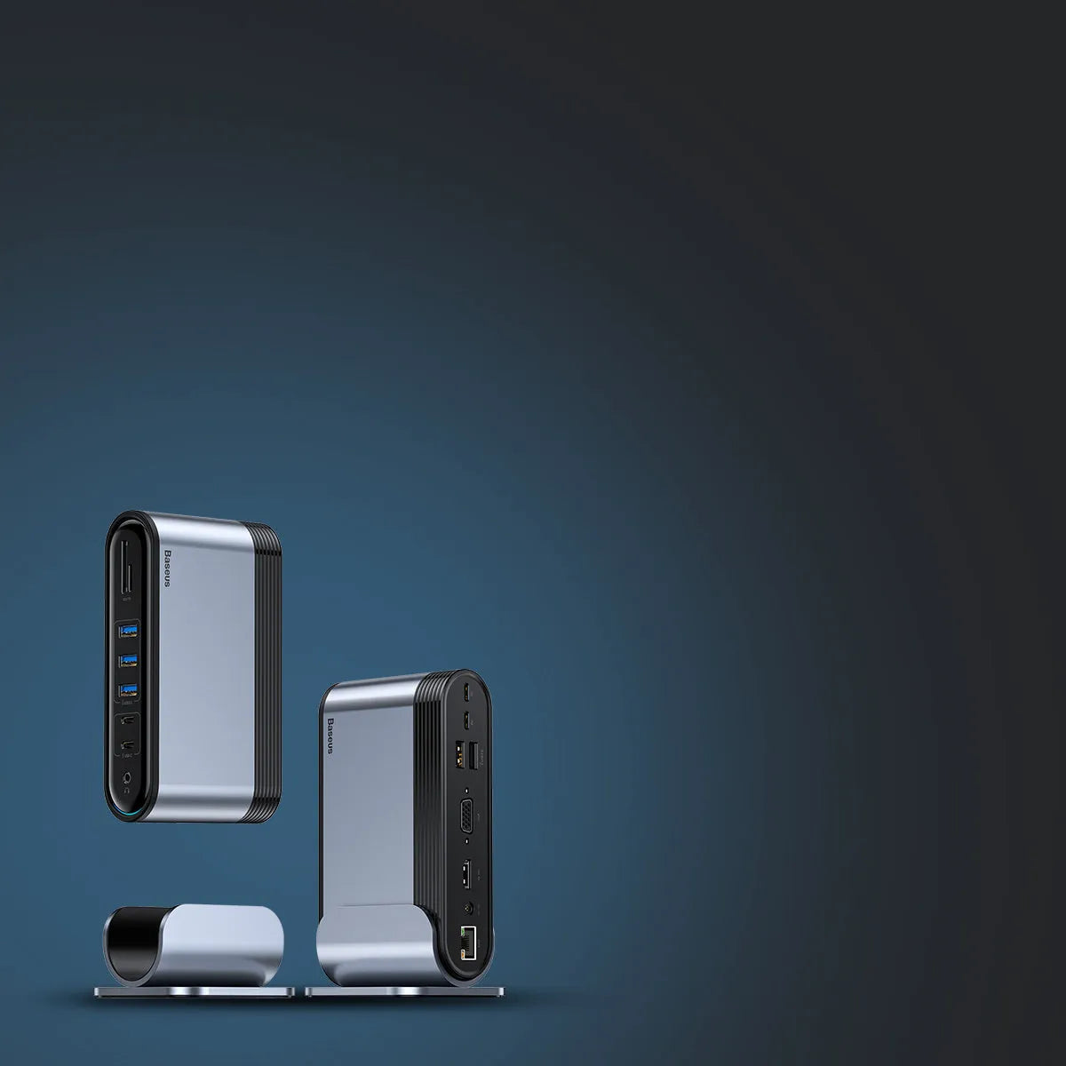 Deep Space Grey 16-in-1 Type-C workstation docking station hub with multiple ports and power supply.