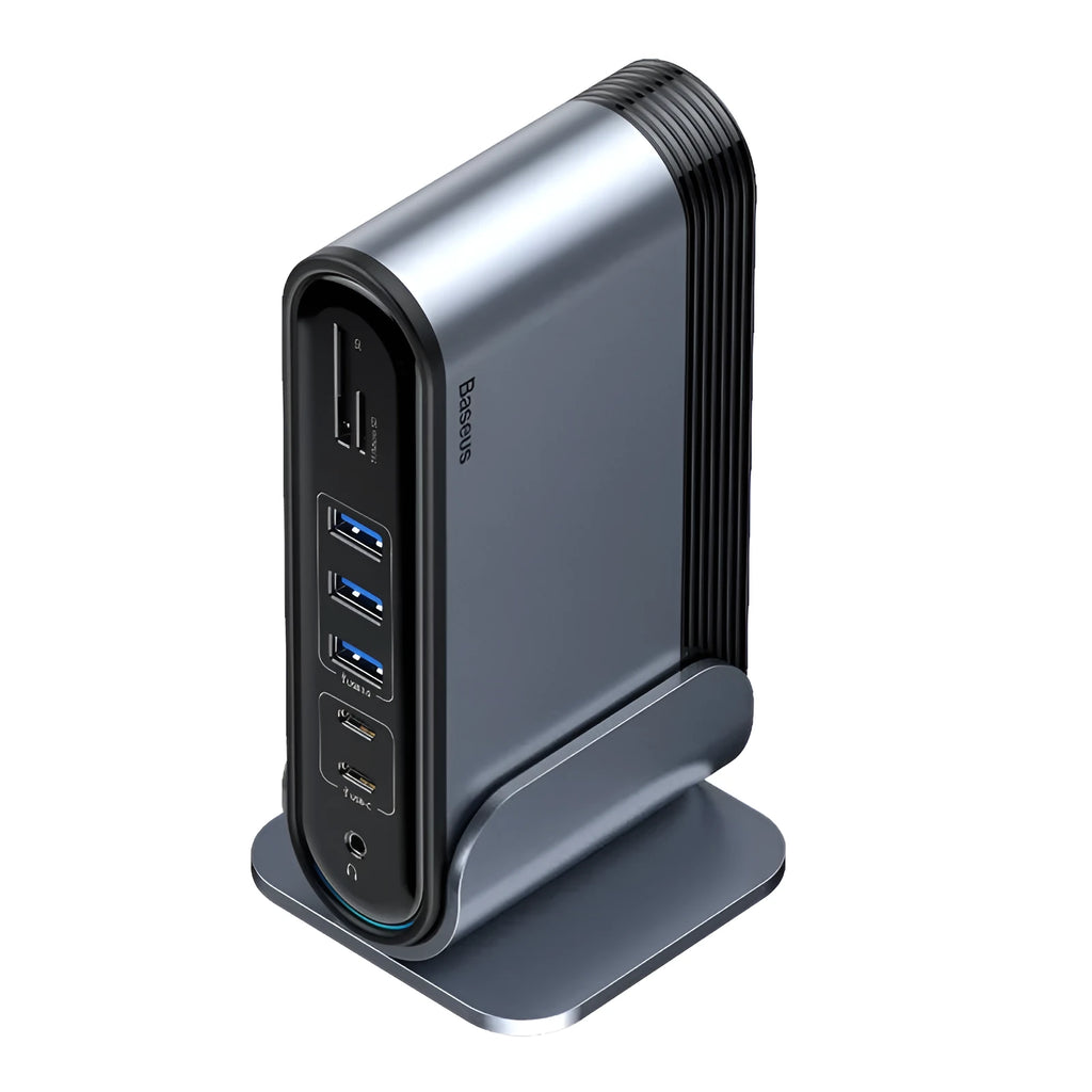 Deep Space Grey 16-in-1 Type-C workstation docking station hub with multiple ports and power supply.