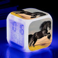 Square cartoon design alarm clock with LED digital display showing time and temperature