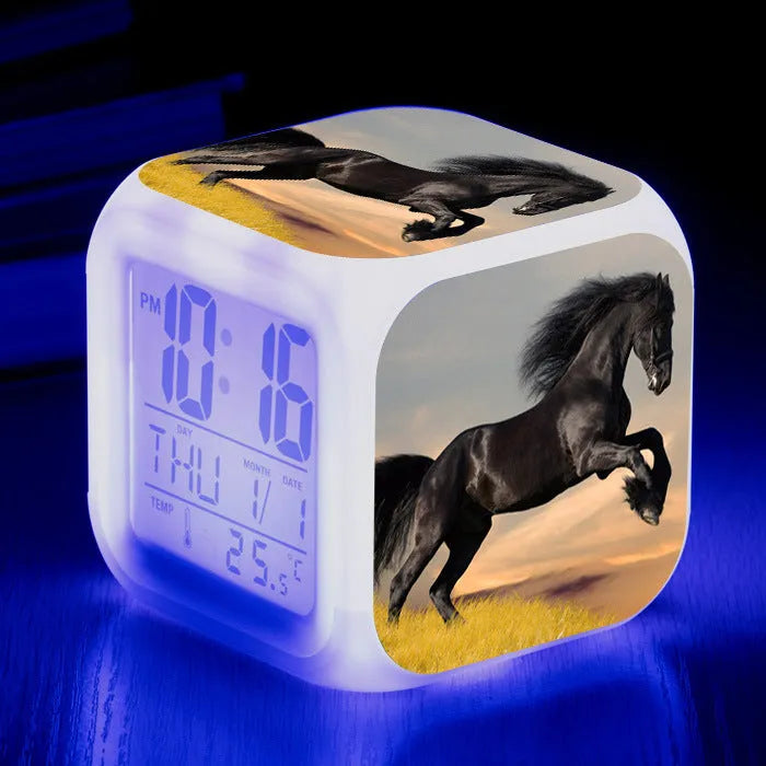 Square cartoon design alarm clock with LED digital display showing time and temperature