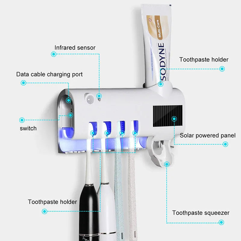 Black smart UV toothbrush steriliser with automatic toothpaste squeezer mounted on a bathroom wall