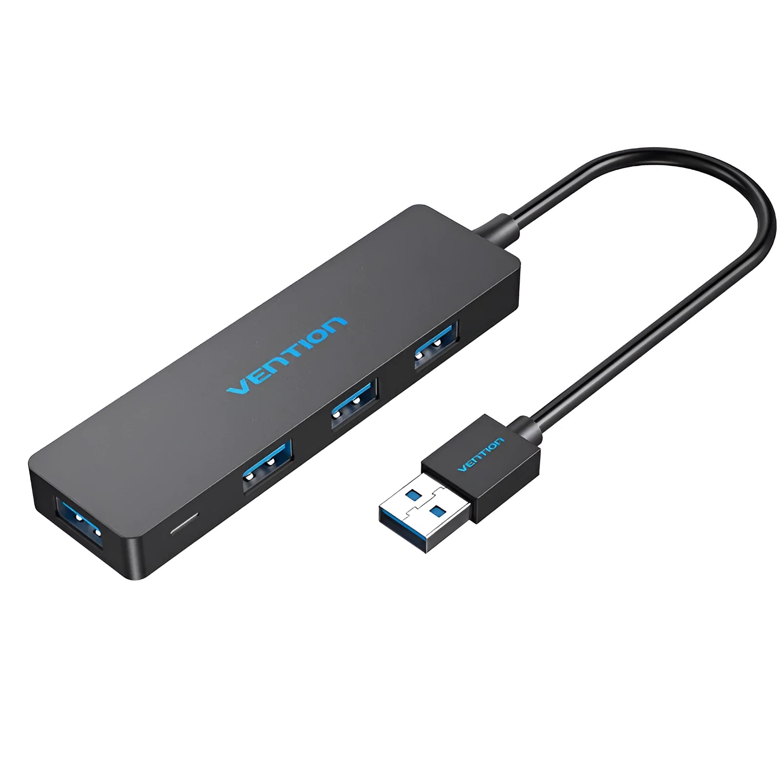 Black USB 3.0 four-port hub with a short cable and nickel-plated connectors