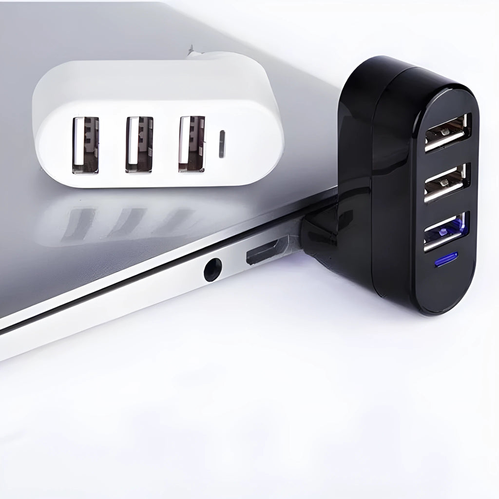 Black and white USB 2.0 hub splitter showing four USB ports for expanding computer connectivity.