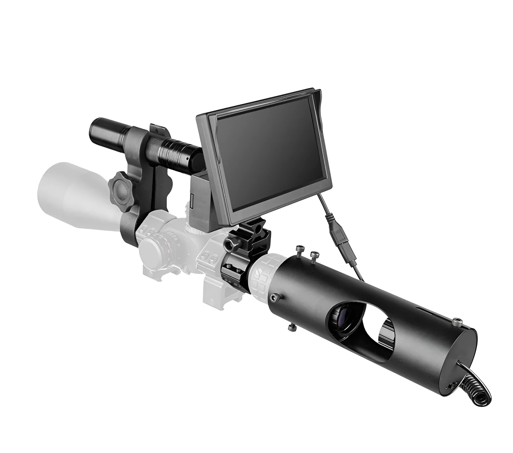 Black digital night vision goggles with 5-inch LCD display and infrared illumination system