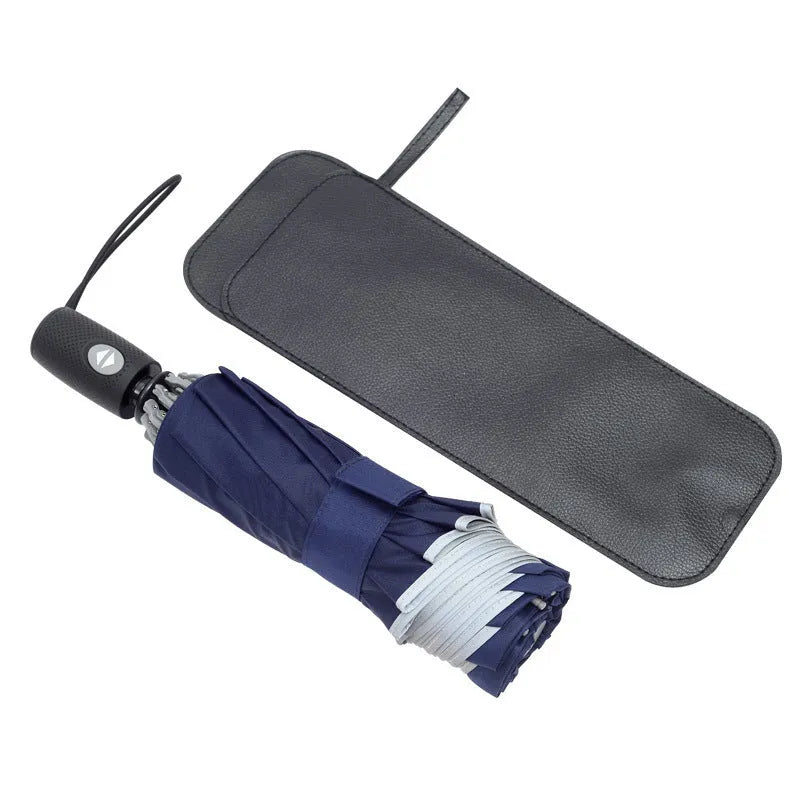 Black automatic reverse folding umbrella with plastic non-slip handle, shown open.