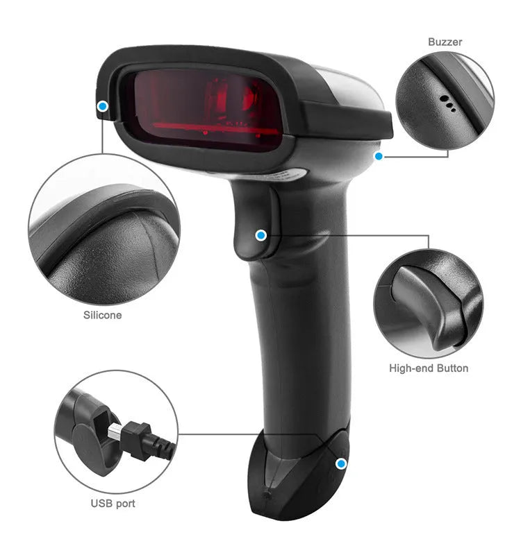 Black wireless handheld laser barcode scanner with USB connection