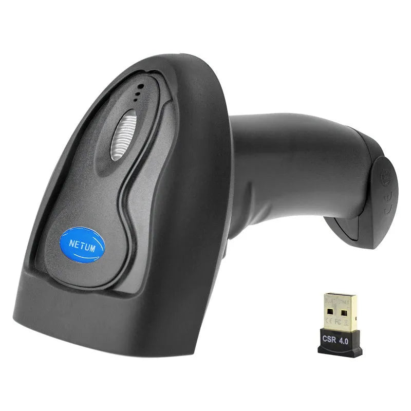 Black wireless handheld laser barcode scanner with USB connection