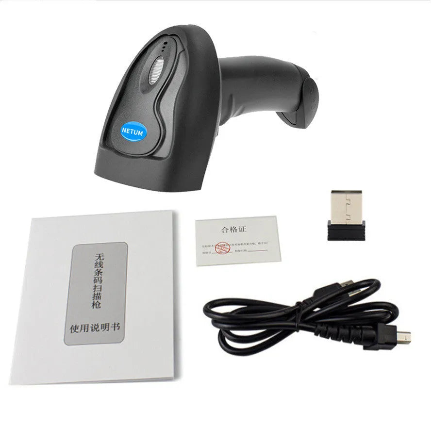 Black wireless handheld laser barcode scanner with USB connection