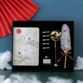 Chinese style metal feather pen set with decorative feathers and Jianhegui notebook