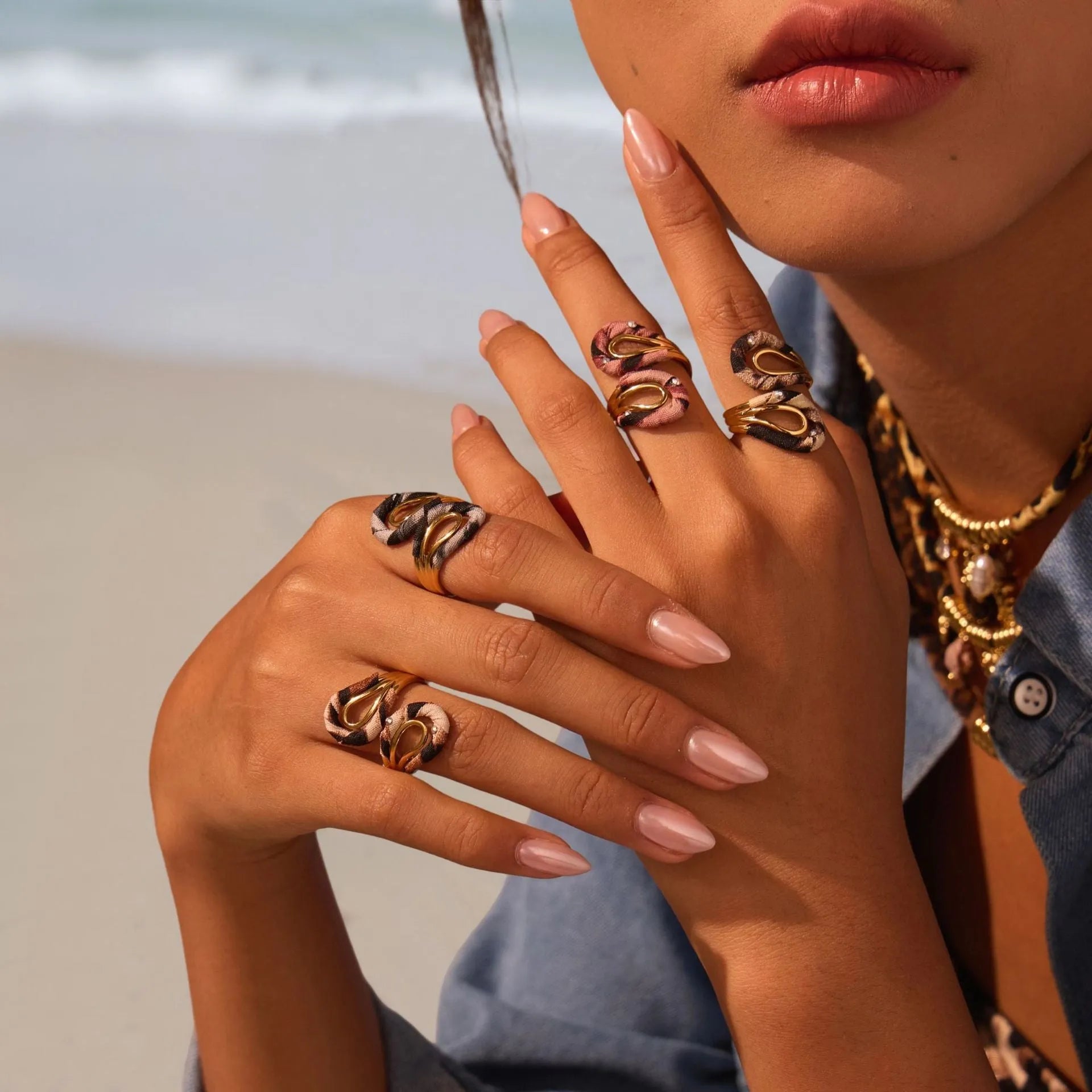 Stainless steel open mouth ring with electroplated leopard print and irregular heart and star geometry