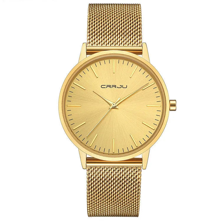 Men's and women's quartz watch with alloy case and black mesh strap on a black dial with grey characters.