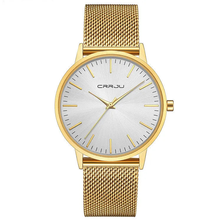 Men's and women's quartz watch with alloy case and black mesh strap on a black dial with grey characters.