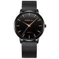 Men's and women's quartz watch with alloy case and black mesh strap on a black dial with grey characters.