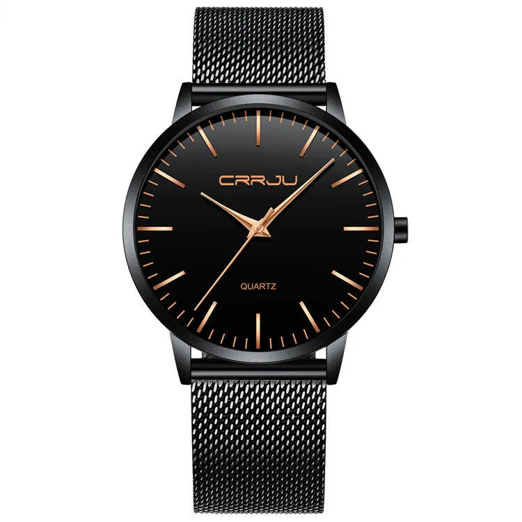 Men's and women's quartz watch with alloy case and black mesh strap on a black dial with grey characters.