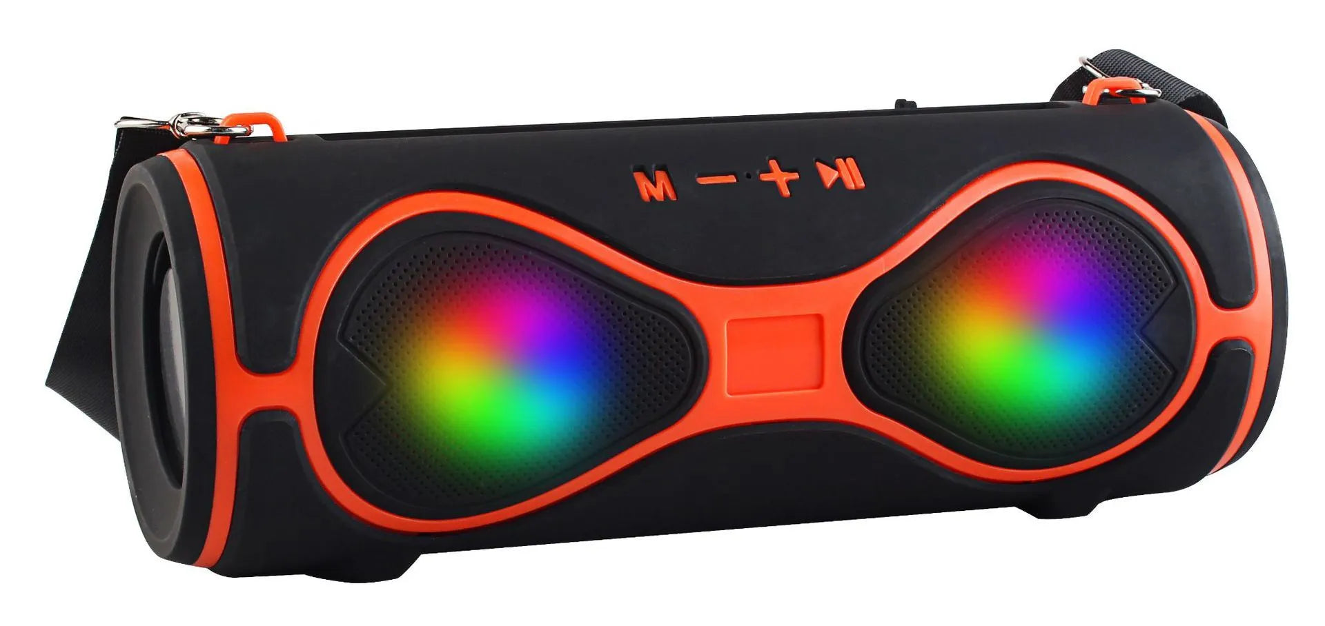 Lantern-shaped portable Bluetooth speaker with shoulder strap and built-in mobile phone stand in black colour.