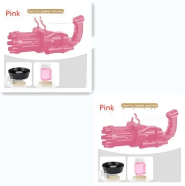 Pink bubble machine gun toy with trigger and bubble attachment on white background