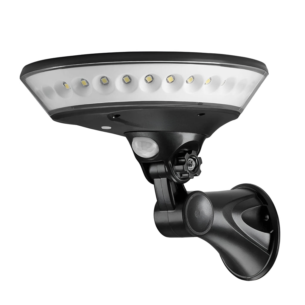 Solar-powered LED wall light with 360-degree illumination and motion sensor