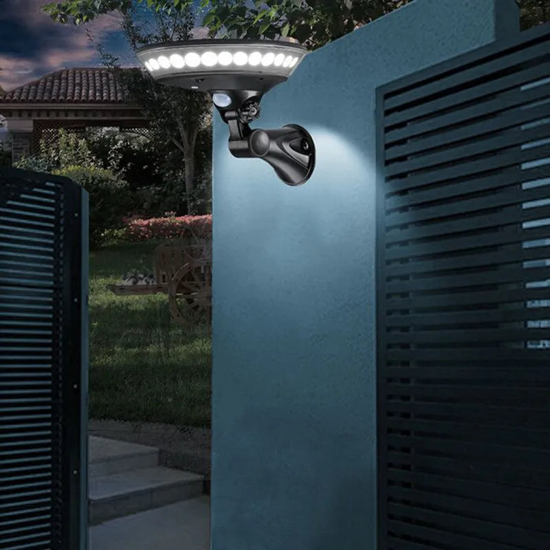 Solar-powered LED wall light with 360-degree illumination and motion sensor