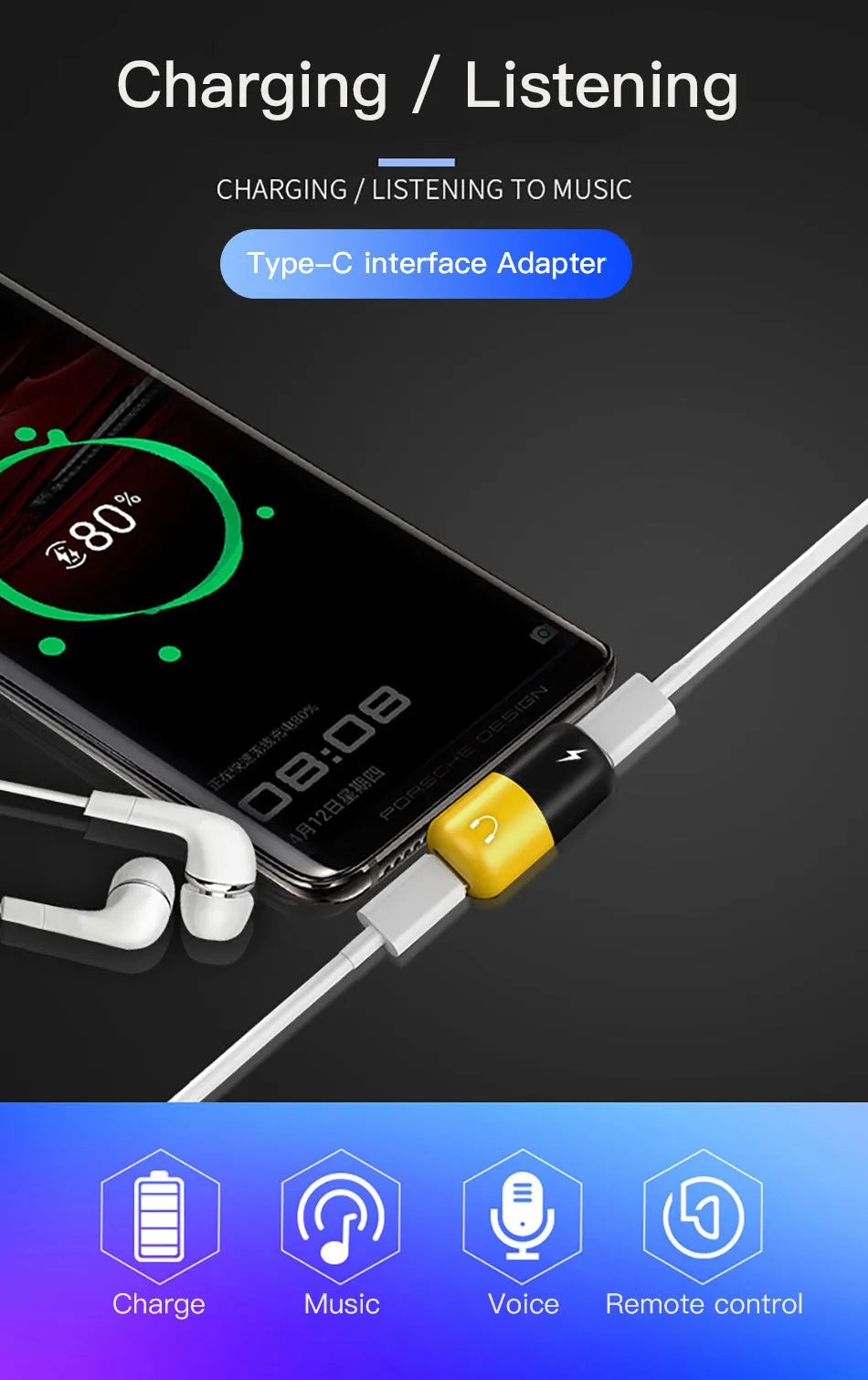Blue Huawei smartphone charging audio adapter with 3.5mm connection port
