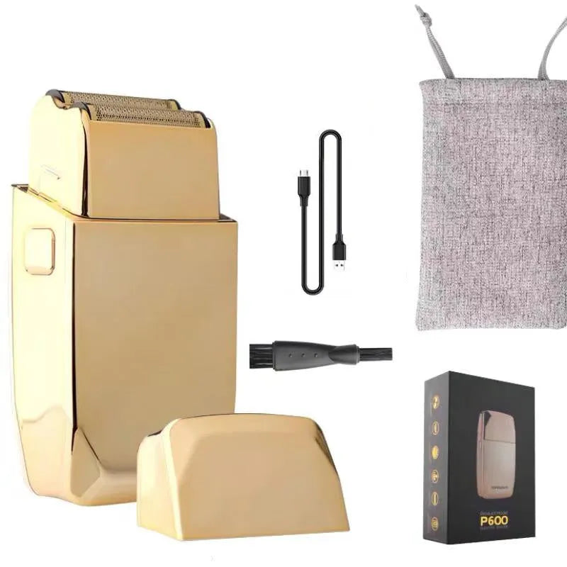 Gold coloured cordless hair clipper with dual charging and power supply options