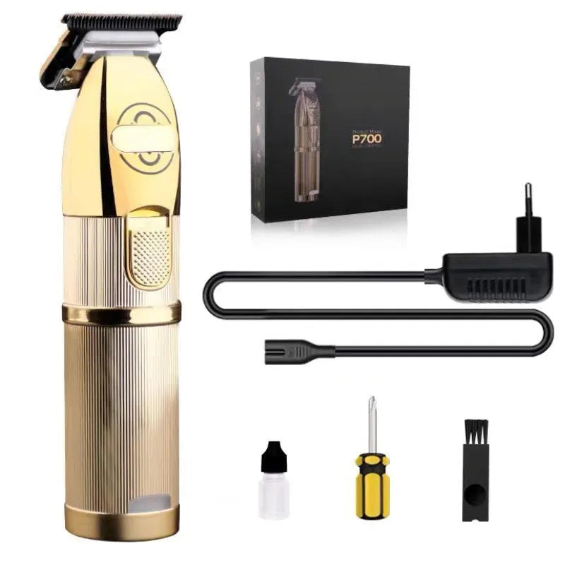 Gold coloured cordless hair clipper with dual charging and power supply options