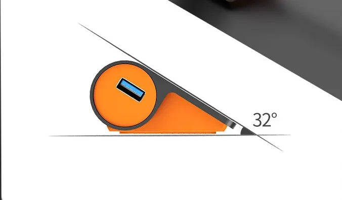 Dark grey and orange aluminium laptop USB hub with four USB 3.1 ports and a detachable cable.