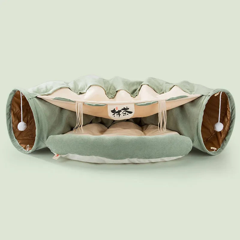Collapsible cloth cat tunnel toy shown in one of four colours: Bar, Coffee, Matcha, or Pink.