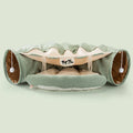 Collapsible cloth cat tunnel toy shown in one of four colours: Bar, Coffee, Matcha, or Pink.