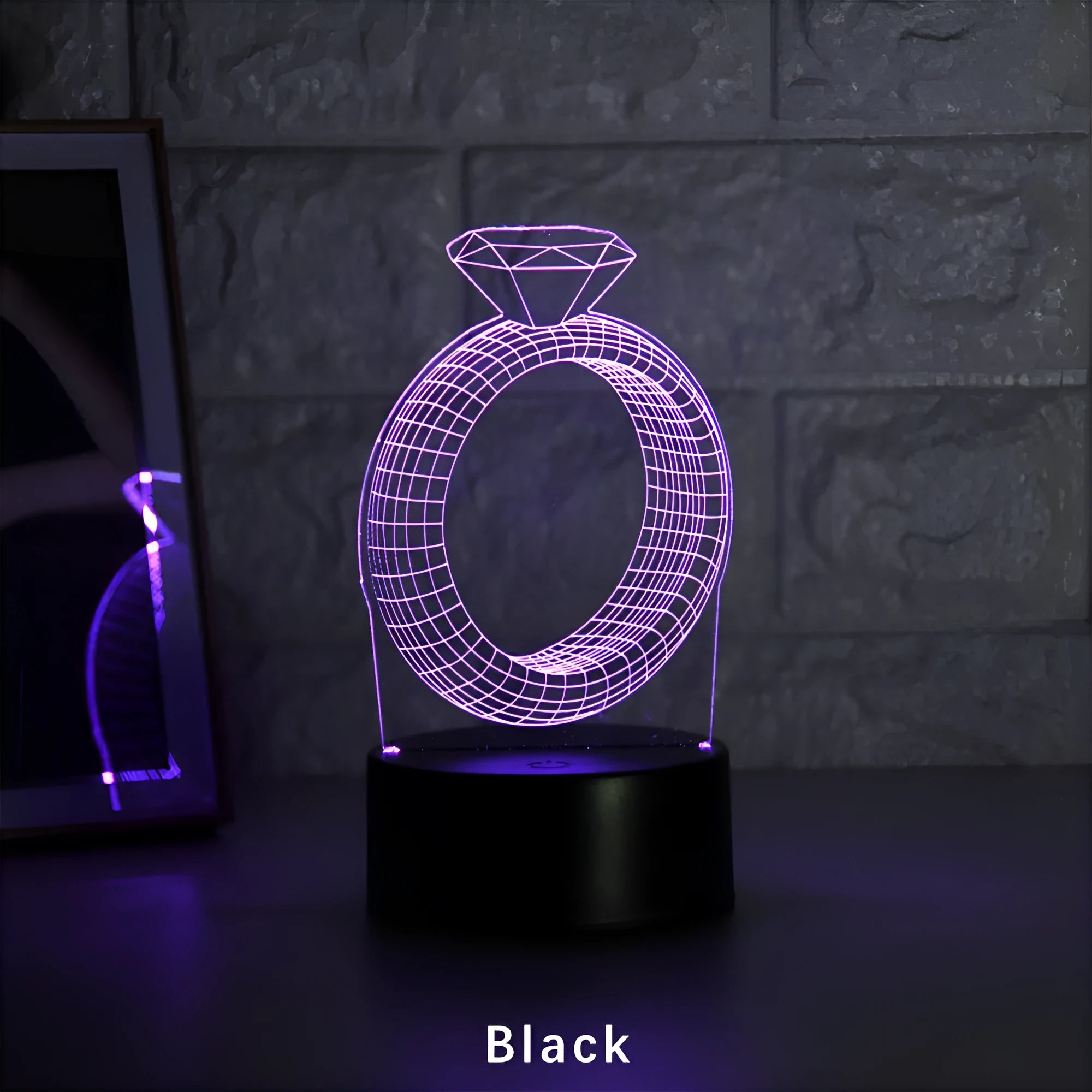 3D diamond ring LED night light with laser engraved acrylic panel and colour changing effects