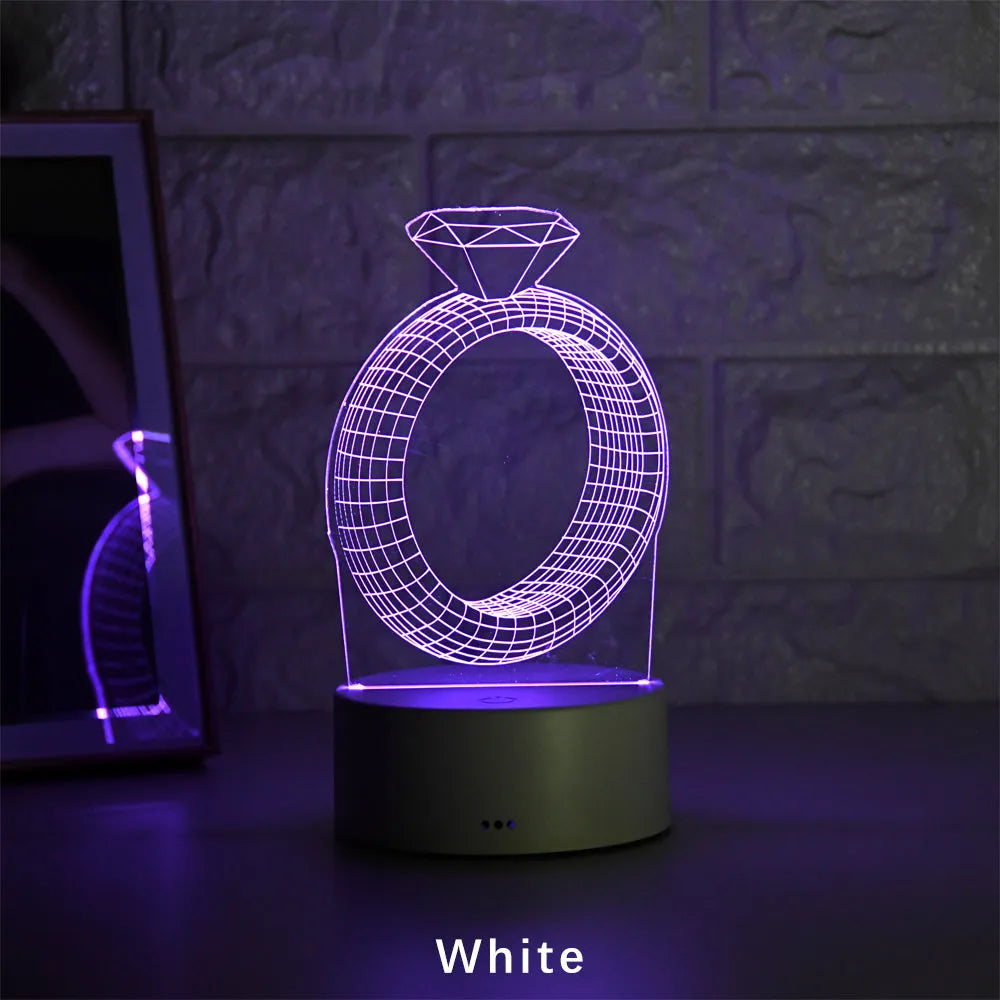 3D diamond ring LED night light with laser engraved acrylic panel and colour changing effects